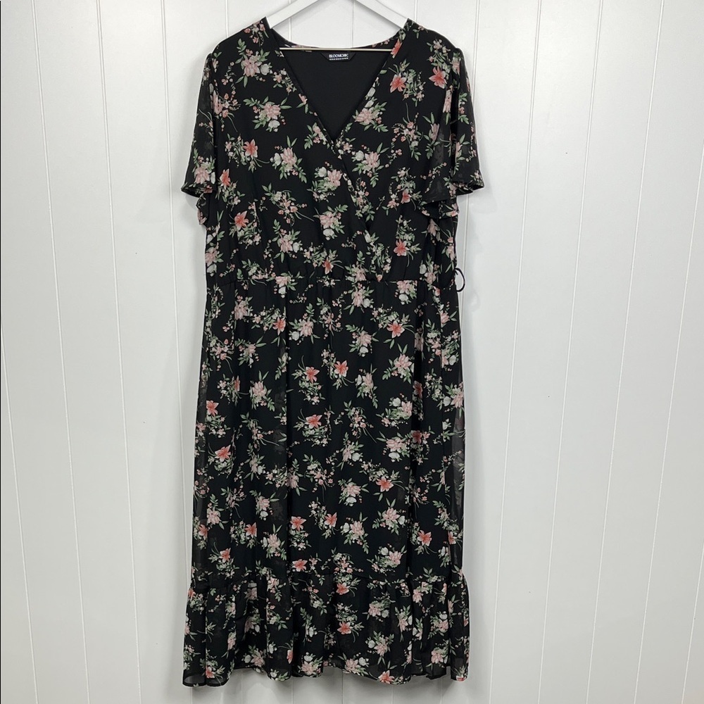 Bloomchic Womens Midi Dress 18-20 Black Pink Floral Flutter Sleeves Lined EUC